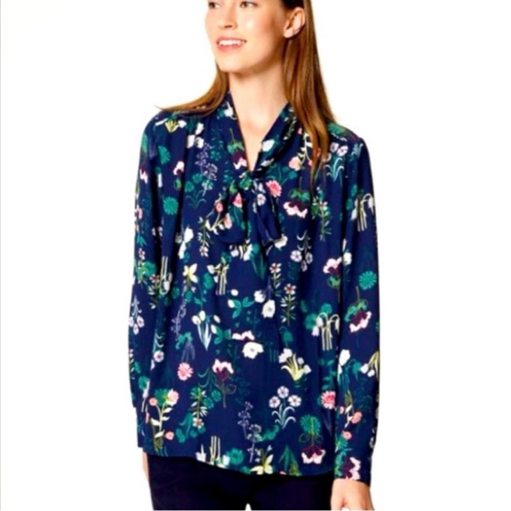 Ann Taylor Loft Navy Floral Print Blouse with Bow Details